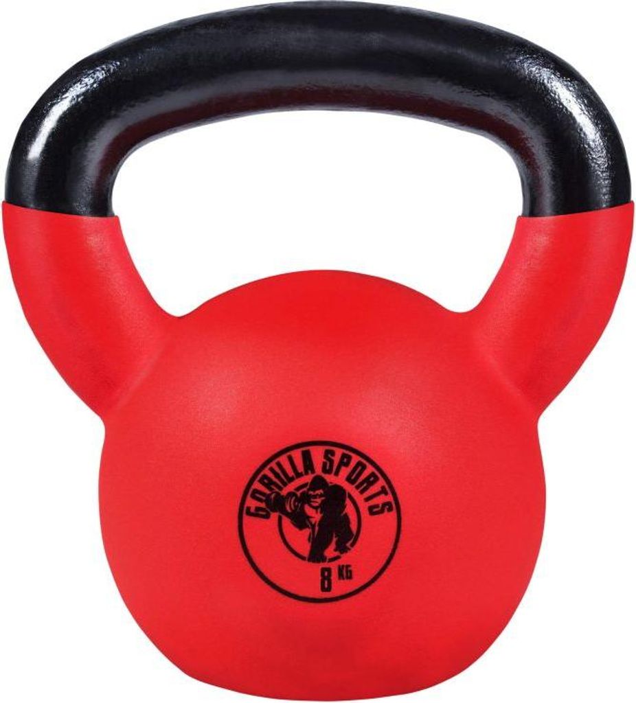 A red kettlebell with a black handle is shown against a white background.