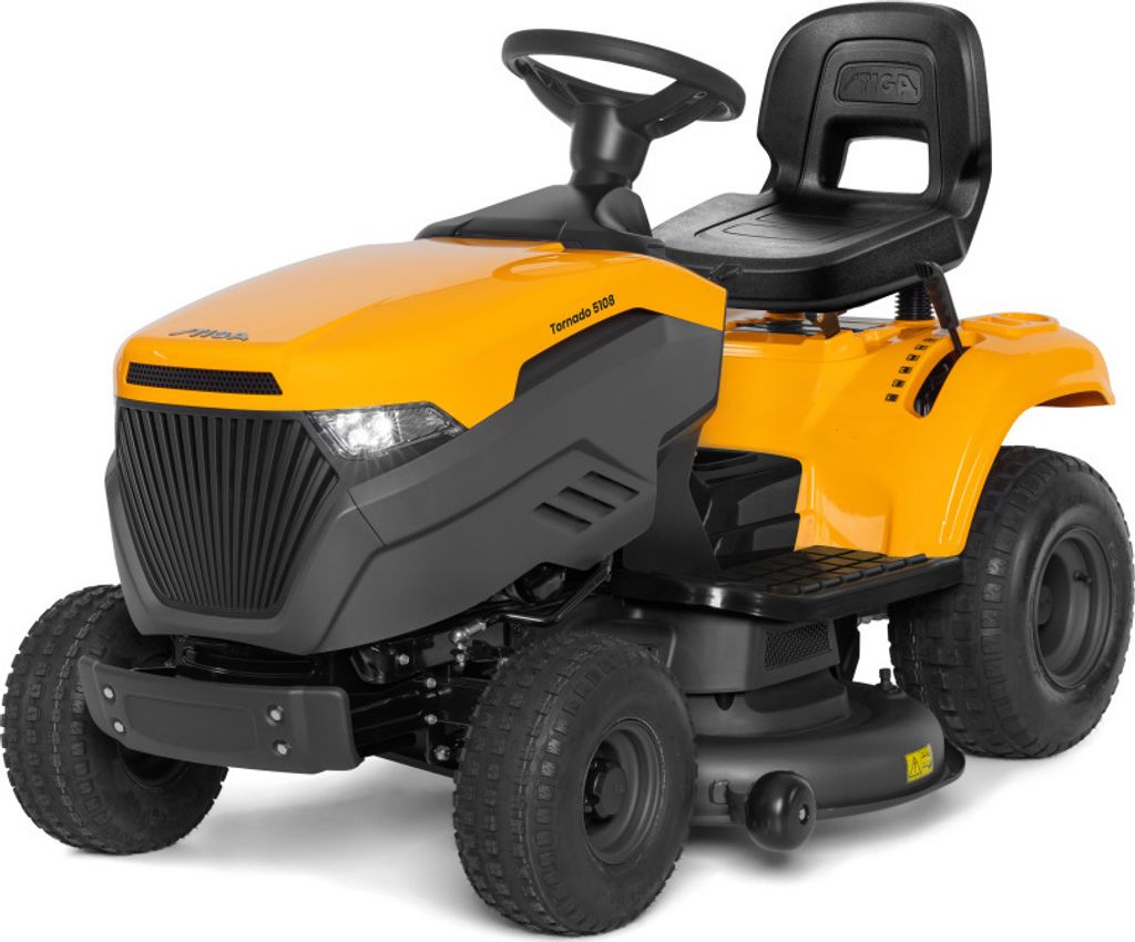 A yellow and gray riding lawn mower is shown from a front-side angle against a white background.