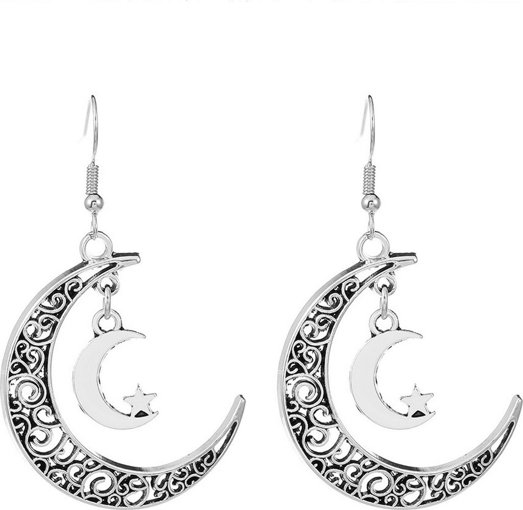 1 Paar Retro-Stern-Mond-Haken-Ohrringe, weibliche Doppelmond-Hohldesign-Tropfenohrringe im ethnischen Stil, Schmuckzubehör