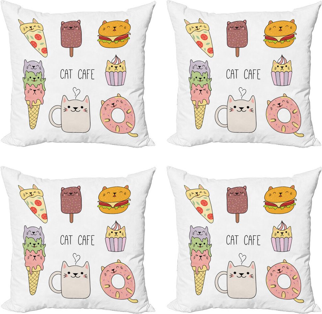 ABAKUHAUS Karikatur Kissenbezug Set (4 Stück), Katzen Cafe Speisen Shapes, Moderner Doppelseitiger Digitaldruck, 60 cm x 60 cm, Mehrfarbig