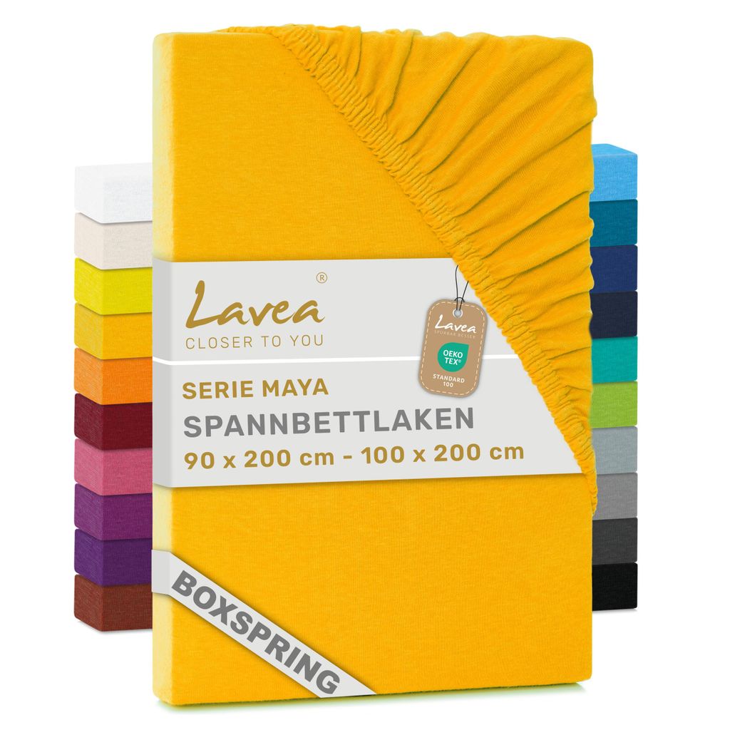 Lavea Jersey Spannbettlaken 90-100x200cm - 35cm Steg für Boxspringbetten - Goldgelb, Weich & Atmungsaktiv - Ideal für Boxspringbetten
