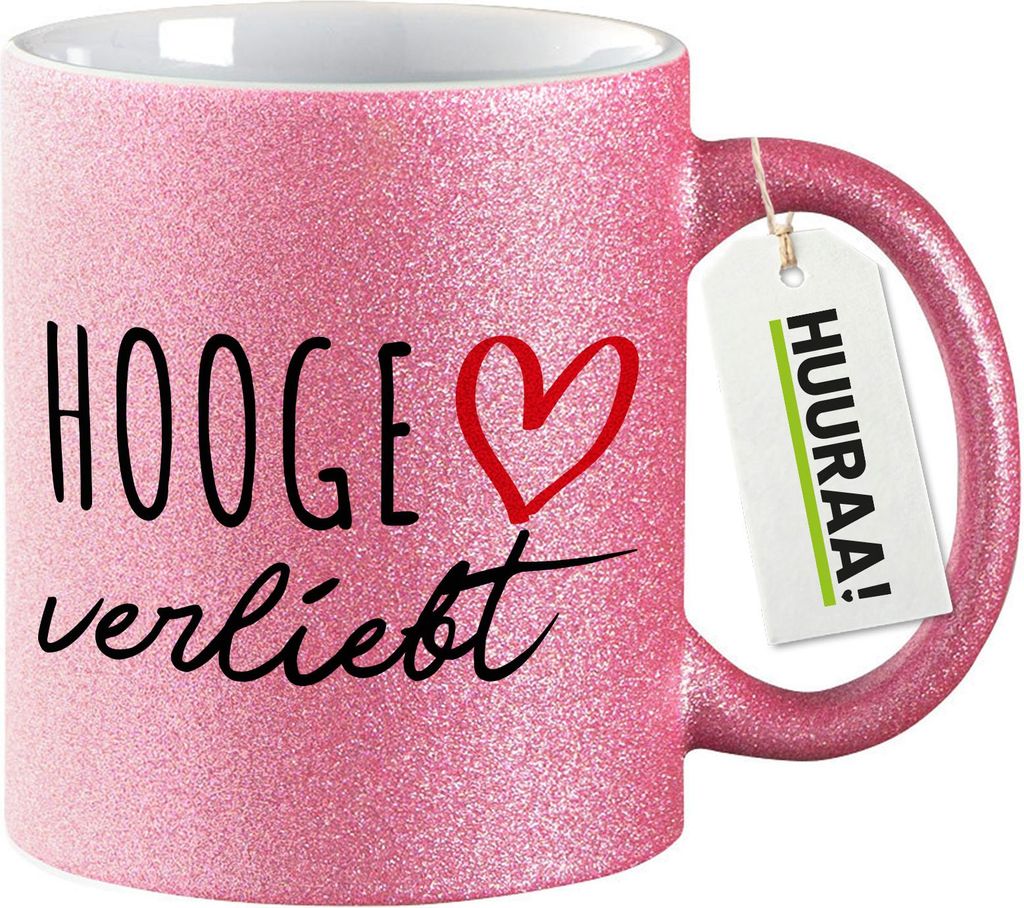 Huuraa Glitzertasse Hooge verliebt 330ml Pink Keramik Kaffeebecher Geschenkidee