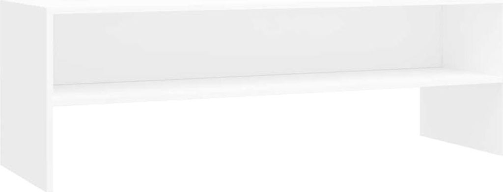 A white TV stand with a shelf.