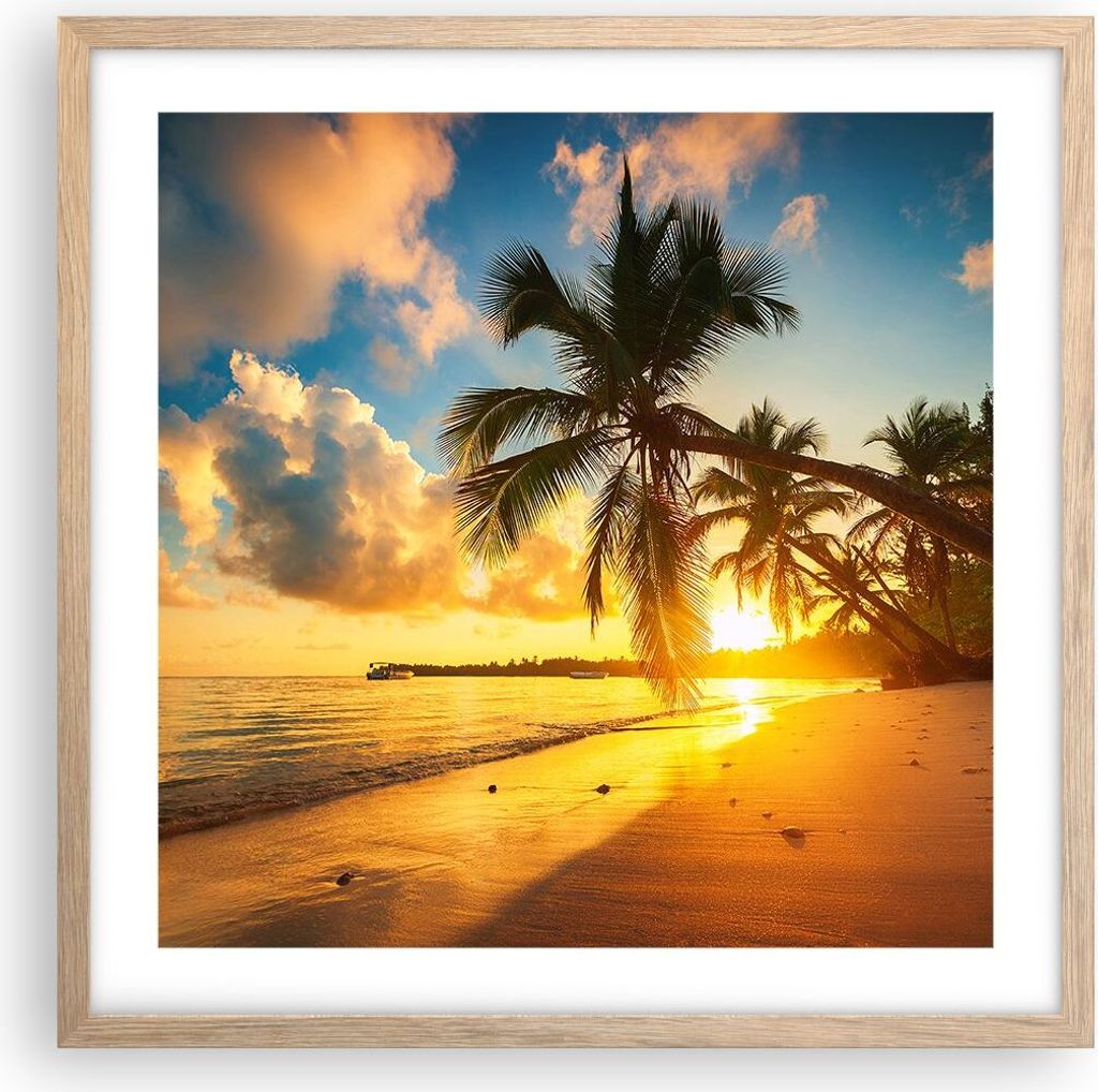 Gerahmtes Poster - Rahmen in heller Eiche - Meer Strand Palme - 50x50 cm - Wand Bild - Wanddeko - Wandbilder - Wandposter - Bilderrahmen - Bilder -...
