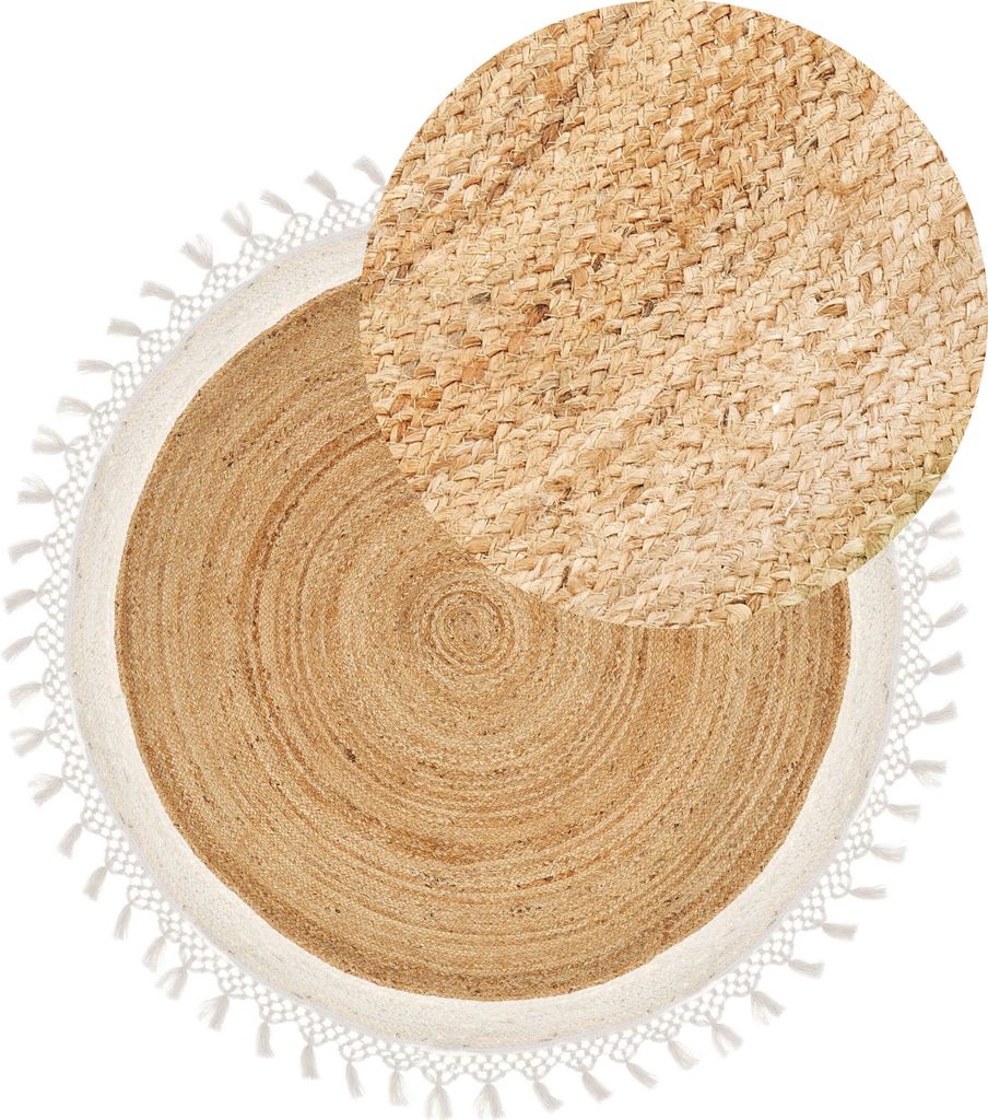 BELIANI Teppich Beige und Weiß Rund ø 140 cm Boho Rustikale Spirale Geflochten Handgefertigt Natur Jute Schlafzimmer Wohnzimmer