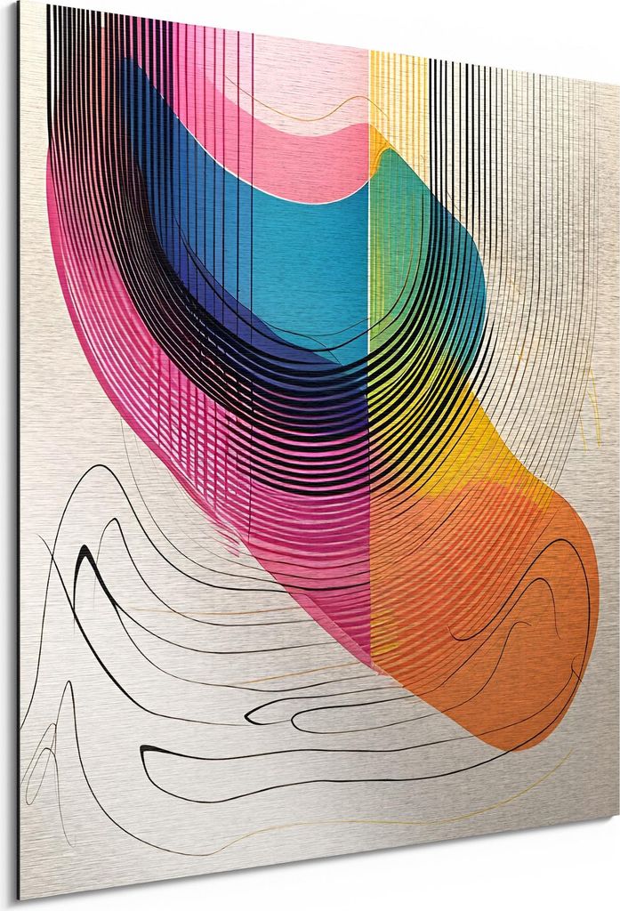 DEQORI Alu-Dibond Bild Silber 30x30 cm 'Bunte Linienenergie' Wandbild Metall dünn Design