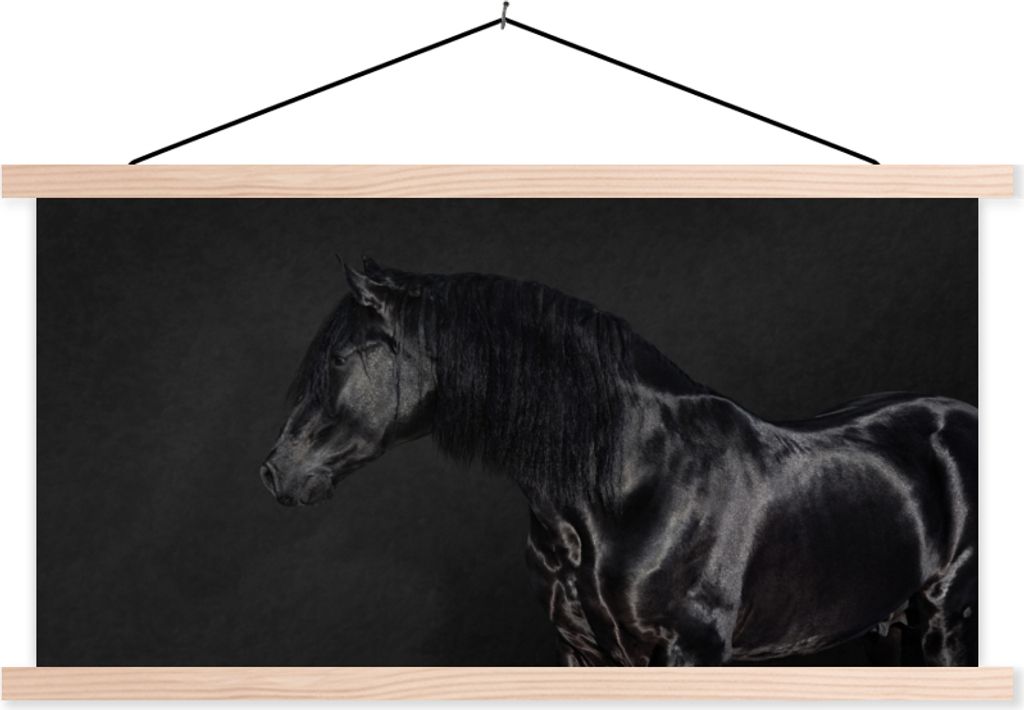 MuchoWow Textilposter Pferd - Schwarz - Porträt 60x30 cm mit holzfarbenen Rahmen - Dekoration