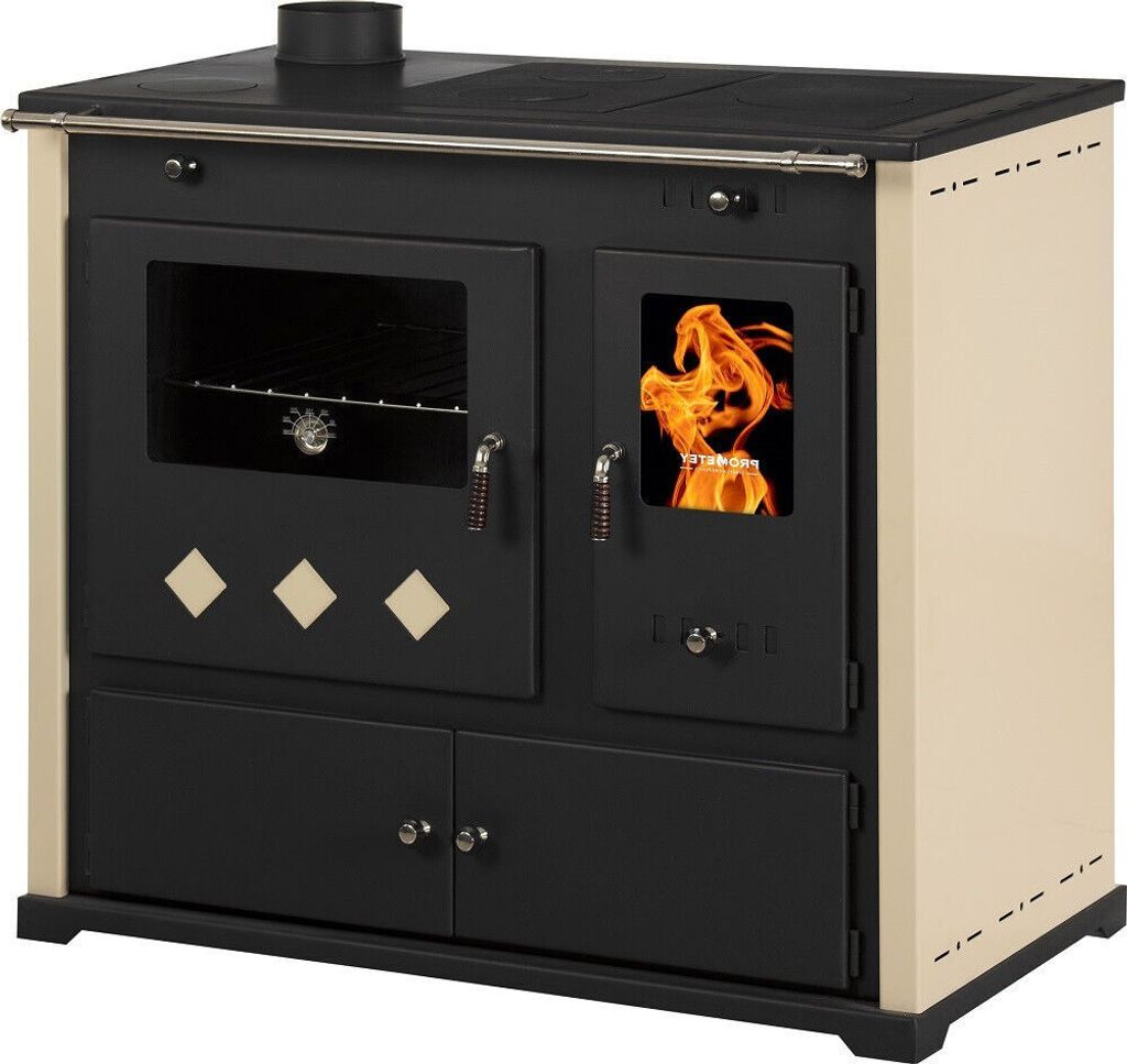 A studio shot of a beige and black wood-burning stove with a glass door showing flames.