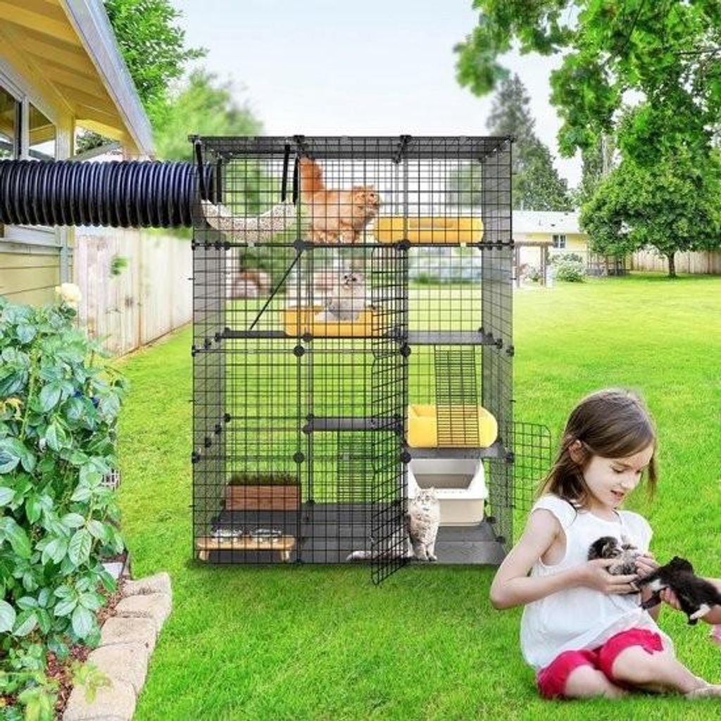 Großer 4-stöckiger Katzenauslauf mit Hängematte – Abnehmbarer Metalldrahtkäfig für Kleintiere – Zaun für 1–4 Katzen – DIY-Haustierkäfig