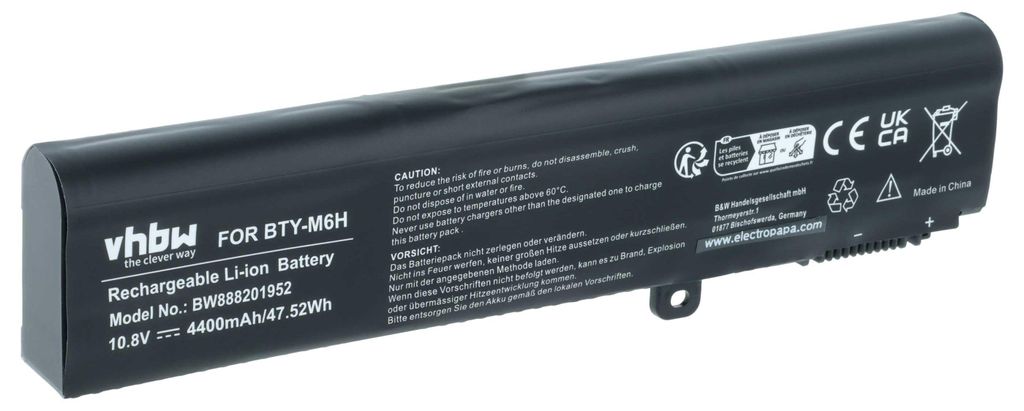 vhbw Akku kompatibel mit MSI GE62VR, GE62VR 6RF, GE62VR 6RF-010CN, GE62 6QF-203XCN, GE62 6QF-202XCN Notebook (4400 mAh, 10,8 V, Li-Ion)