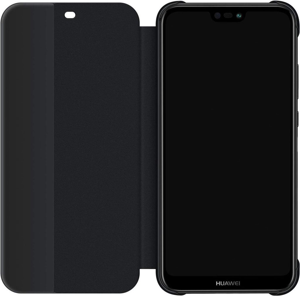 A black flip cover case for a smartphone is shown open, revealing the phone's screen.