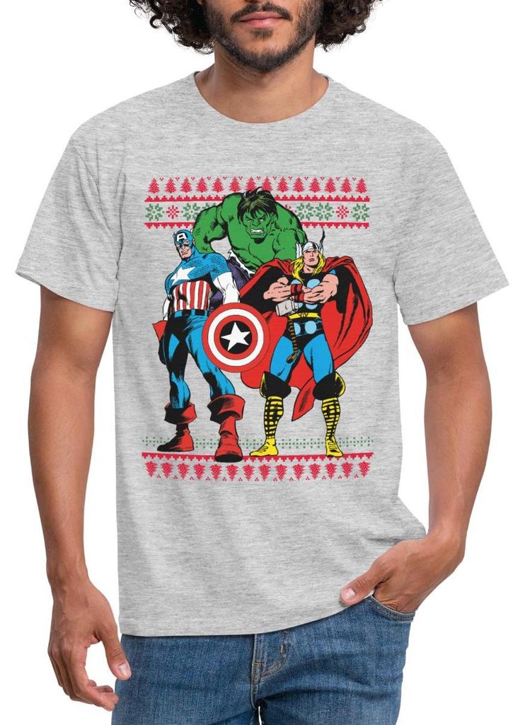 Spreadshirt Avengers Superhelden Weihnachtsmotiv Männer T-Shirt, XXL, Grau meliert