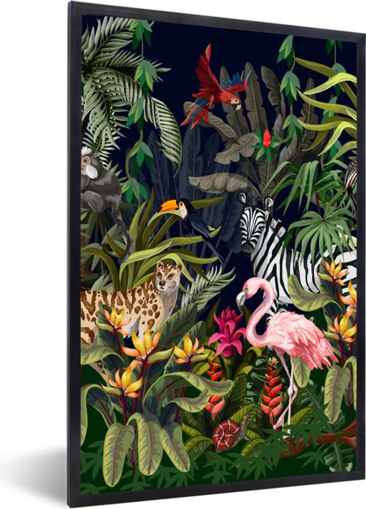 MuchoWow Gerahmtes Poster Dschungeltiere - Natur - Jungen - Mädchen - Flamingo - Zebra 60x90 cm - Poster mit Schwarzem Bilderrahmen Wandposter R...