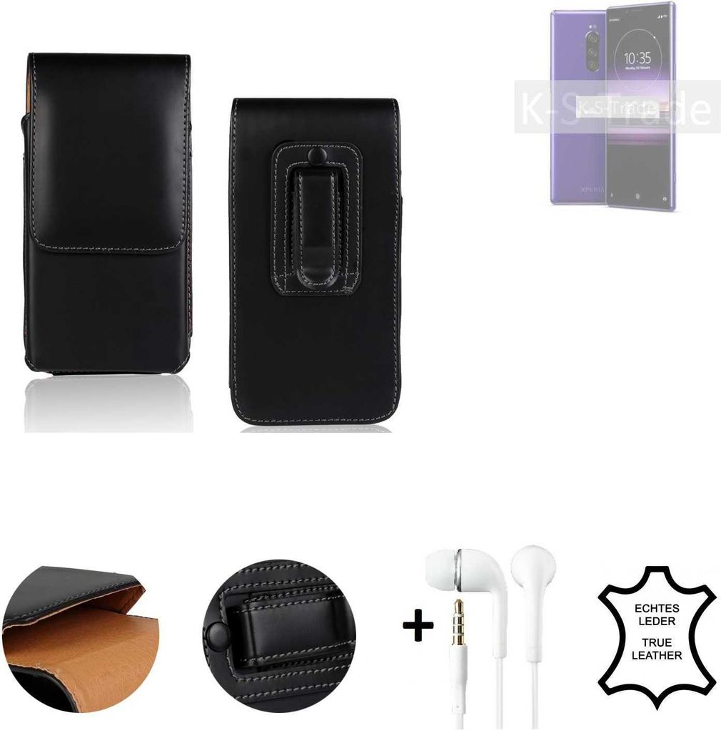 K-S-Trade Leder Gürteltasche + Kopfhörer kompatibel mit Sony Xperia 1 Seitentasche Belt pouch Holster Handyhülle Schutz Hülle Etui schwarz 1x