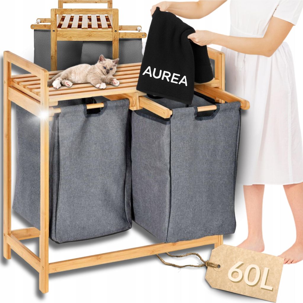 Wäschekorb - 2 x 30 L - Aus Bambus - Zwei Kammern - Praktisches Regal - Herausnehmbare Wäschesäcke - 64 x 75 x 34 cm