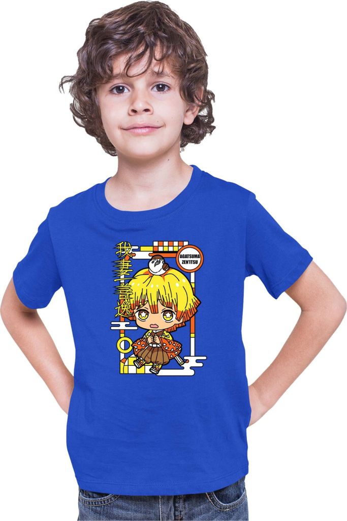 Kinder T-Shirt Demon Anime Slayer Kimetsu No Yaiba Chibi Zenitsu Agatsuma, 12-13 Jahr - 152 / Blau