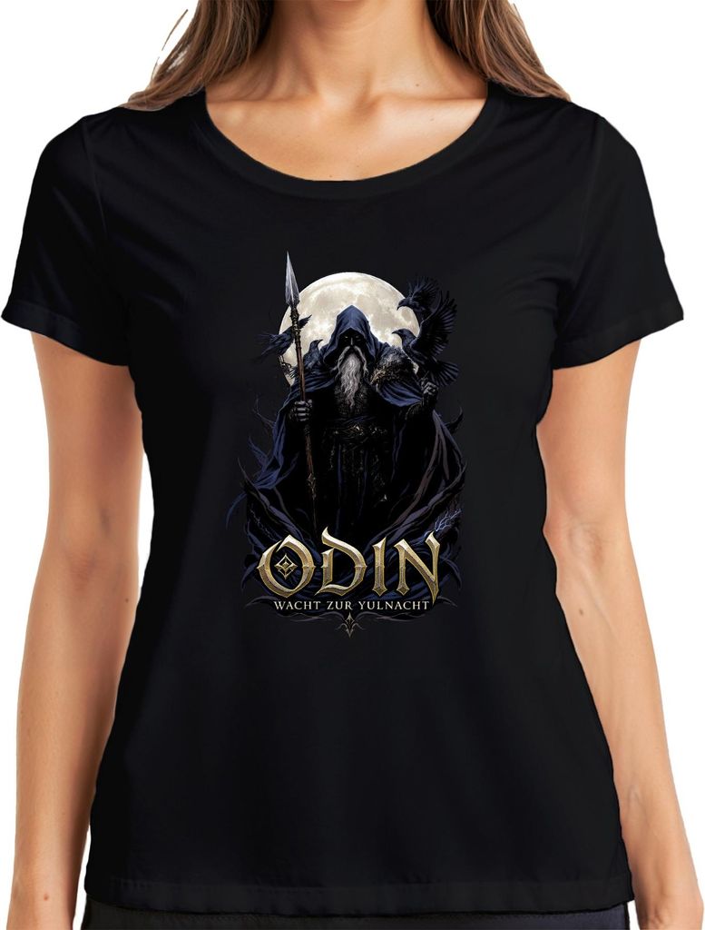 ODIN WACHT ZUR YULNACHT Wikinger Weihnachten Raben Vollmond Nordisch Damen T-Shirt, Schwarz, M