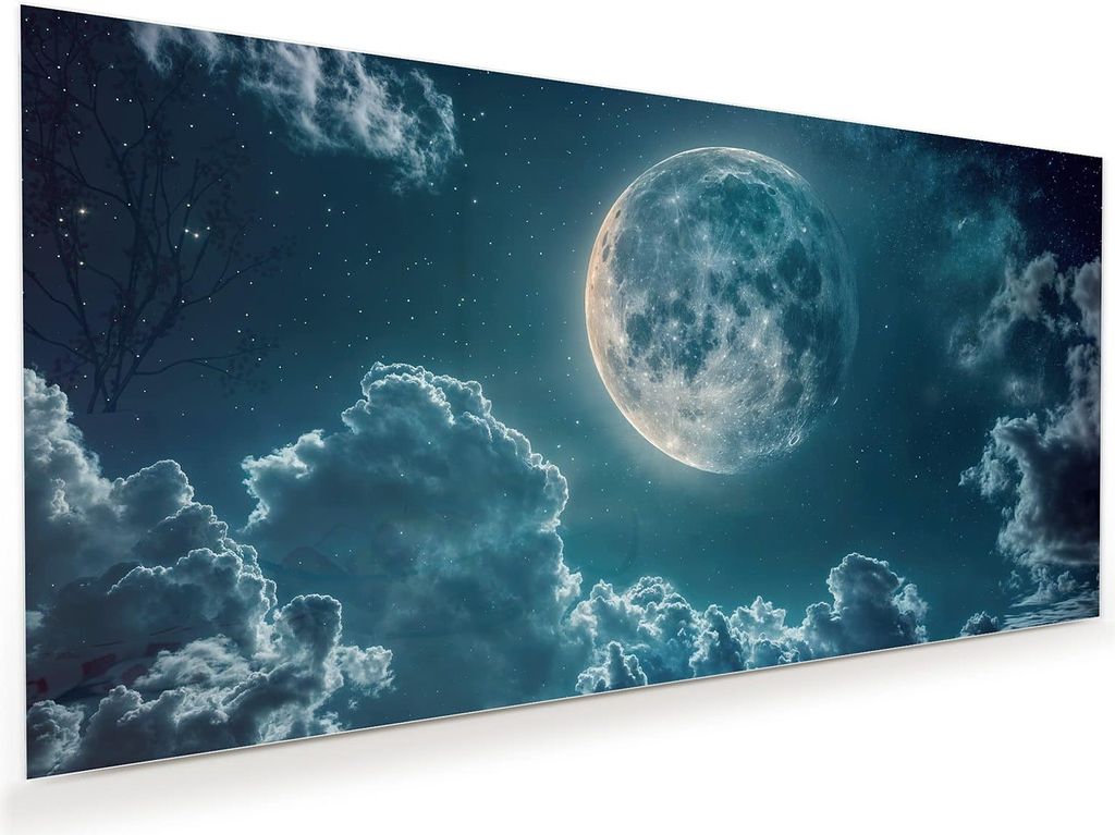Glasbild 120x60cm in XXL für Wohnzimmer, Schlafzimmer Motiv Mond über Wolken