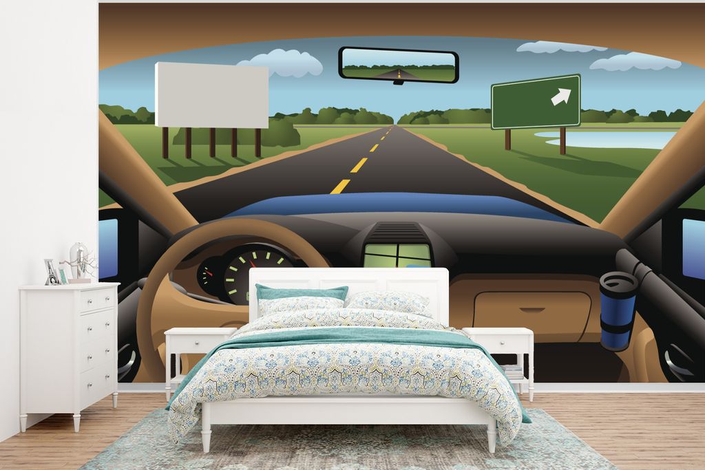 MuchoWow Fototapete für Wohnzimmer oder Schlafzimmer Wandtapete Vinyl Motivtapete Illustration des Armaturenbretts in einem Auto auf der Straße...