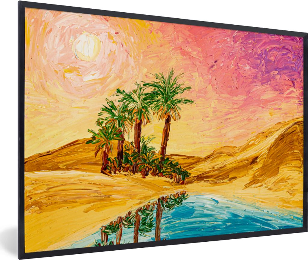 MuchoWow Gerahmtes Poster Gemälde - Öl - Palme - Natur - Wasser 60x40 cm - Poster mit Schwarzem Bilderrahmen Wandposter Rahmen Foto Bilder - Pr...
