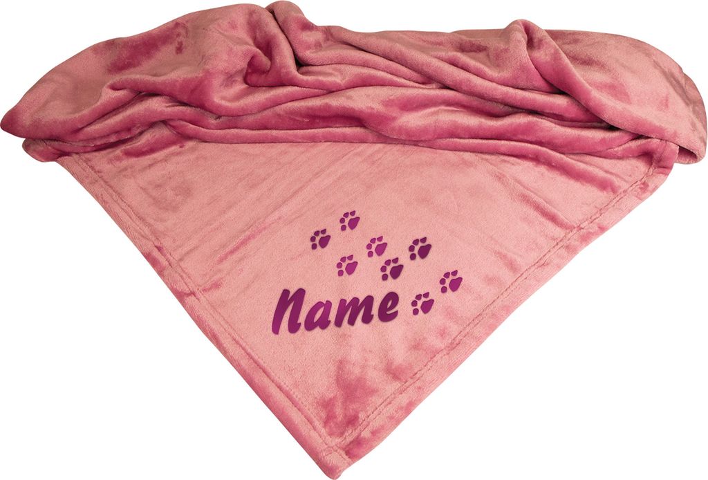 Schecker Mikrofaserdecke Premium Motiv: Pfotenspur mit Name Altrosa 150 cm x 95 cm bestickt mit dem Namen Ihres Hundes