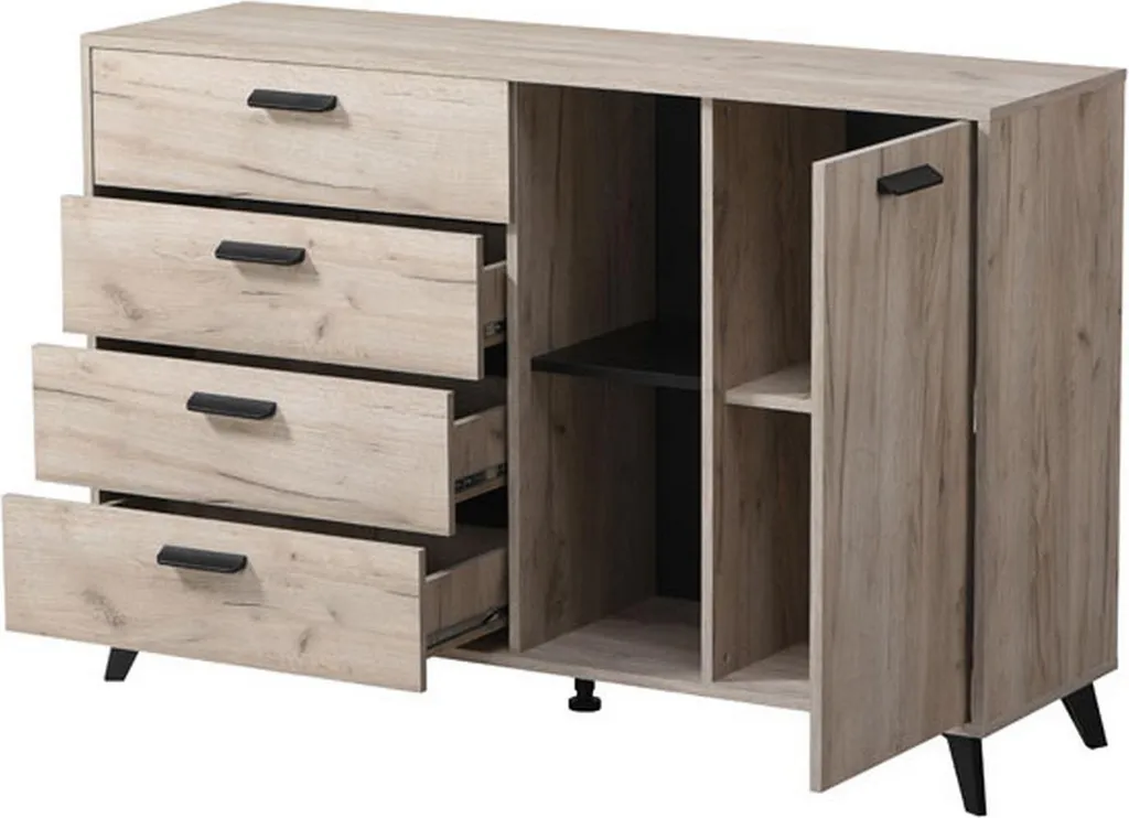 Buffet 4 Tiroirs Issogne 138 cm Finition Chêne Gris Haute Qualité