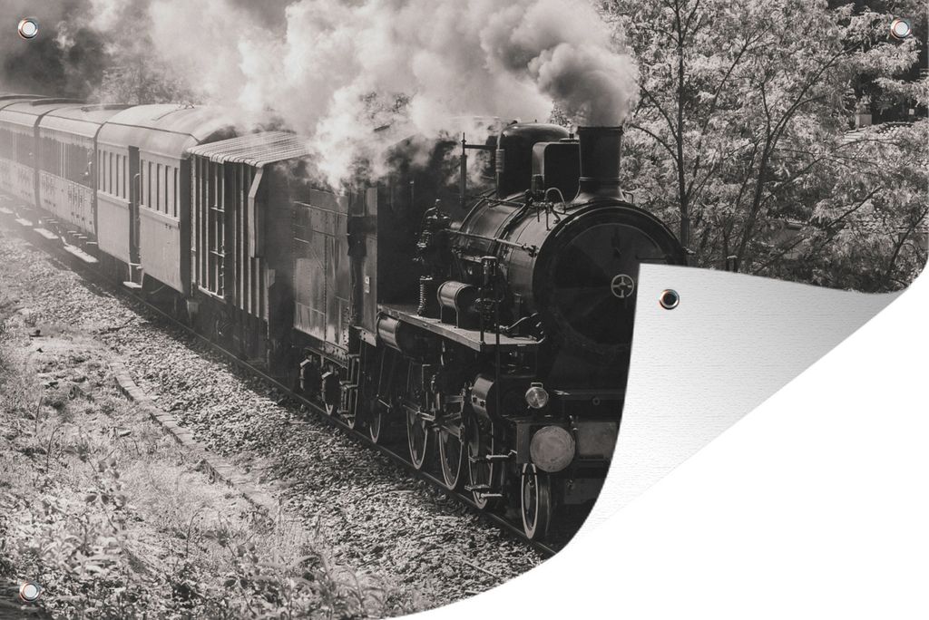 MuchoWow 120x80 cm Outdoor-Poster Gartendeko Sichtschutz Garten Poster für den Garten Schwarz-Weiß-Foto einer Dampflokomotive inmitten der Wiesen