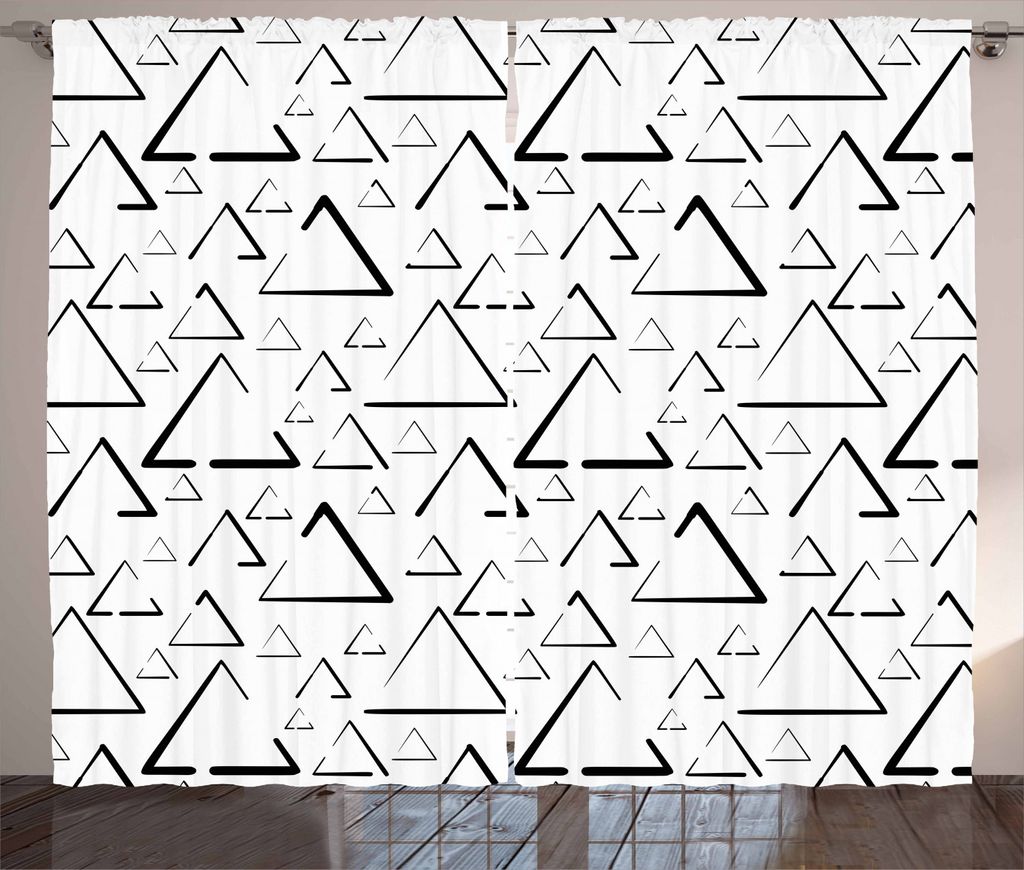 ABAKUHAUS Geometrisch Rustikaler Gardine, Monochrome Dreiecke, Schlafzimmer Kräuselband Vorhang mit Schlaufen und Haken, 280 x 225 cm, Weiß Schwarz