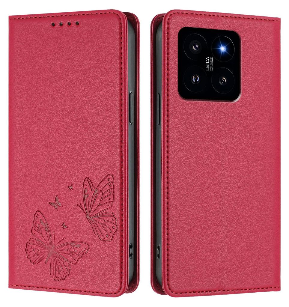 Lederhülle für Xiaomi 14, Schmetterling Prägung Leder Brieftasche Schutzhülle mit Ständer Rot