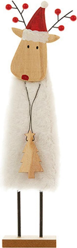 Weihnachtstischdekoration: Plüsch-Rentier-Weihnachtsmann-Figur aus Wollfilz mit Holzsockel für winterliche Etageren und Kaminsimse.