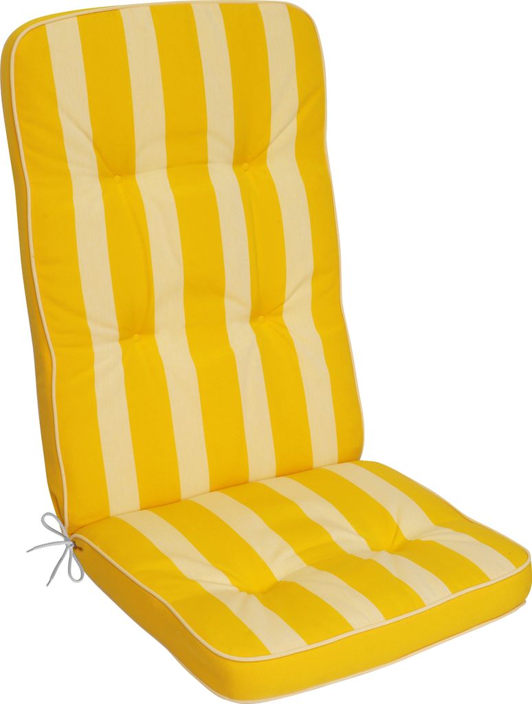 A yellow and cream striped chair cushion on a white background.