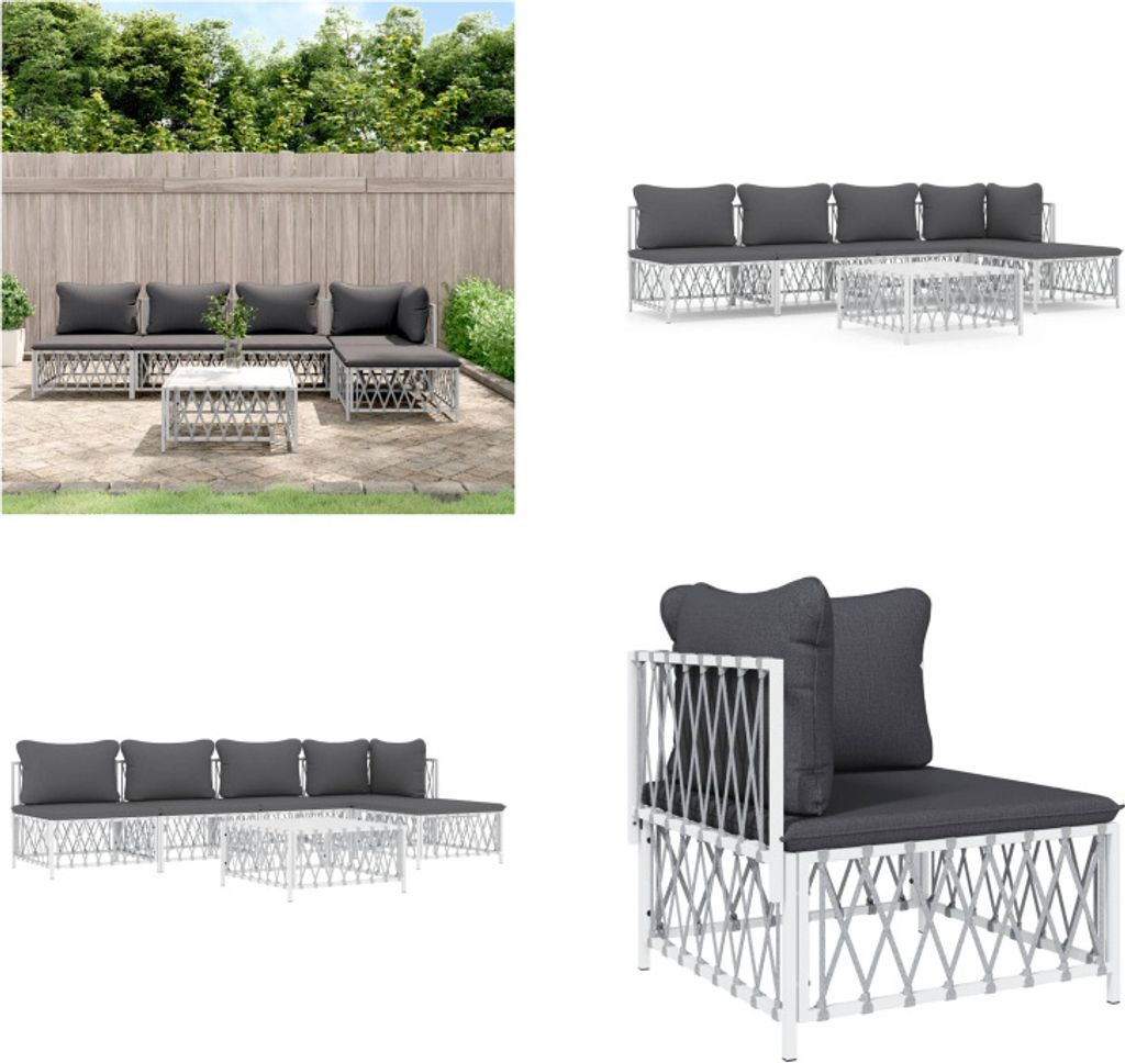 vidaXL 6 tlg. Garten Lounge Set mit Kissen Weiß Stahl - Garten Lounge Set - Garten Lounge Sets - Lounge Set - Gartenmöbel Set