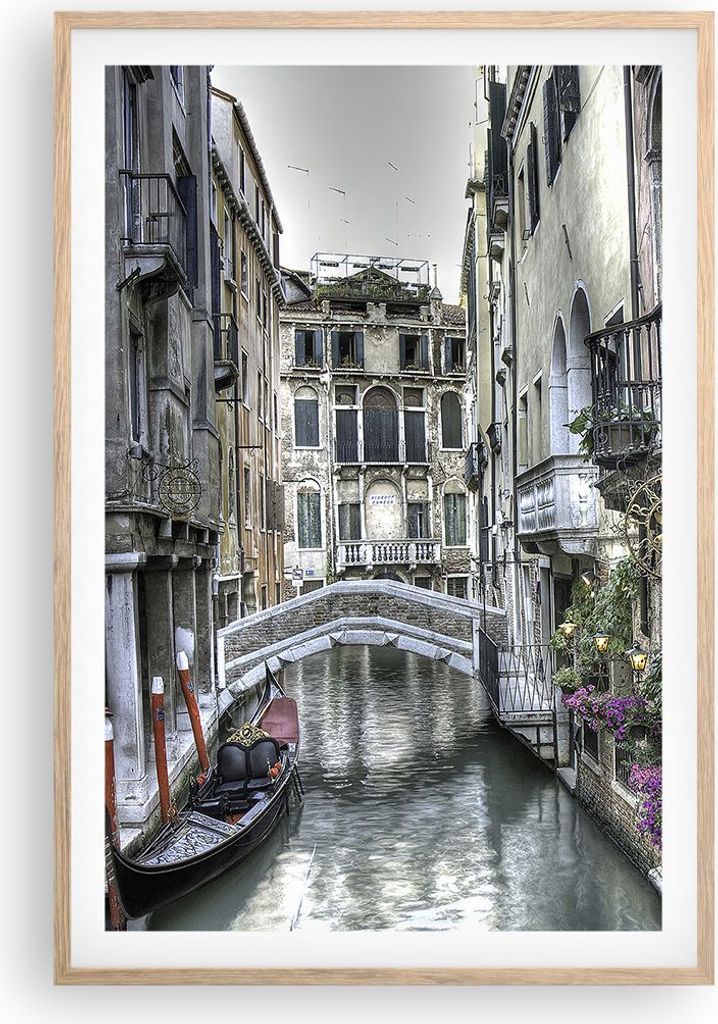Gerahmtes Poster - Rahmen in heller Eiche - Venedig Brücke Wasser - 61x91,5 cm - Wand Bild - Wanddeko - Wandbilder - Wandposter - Bilderrahmen - B...