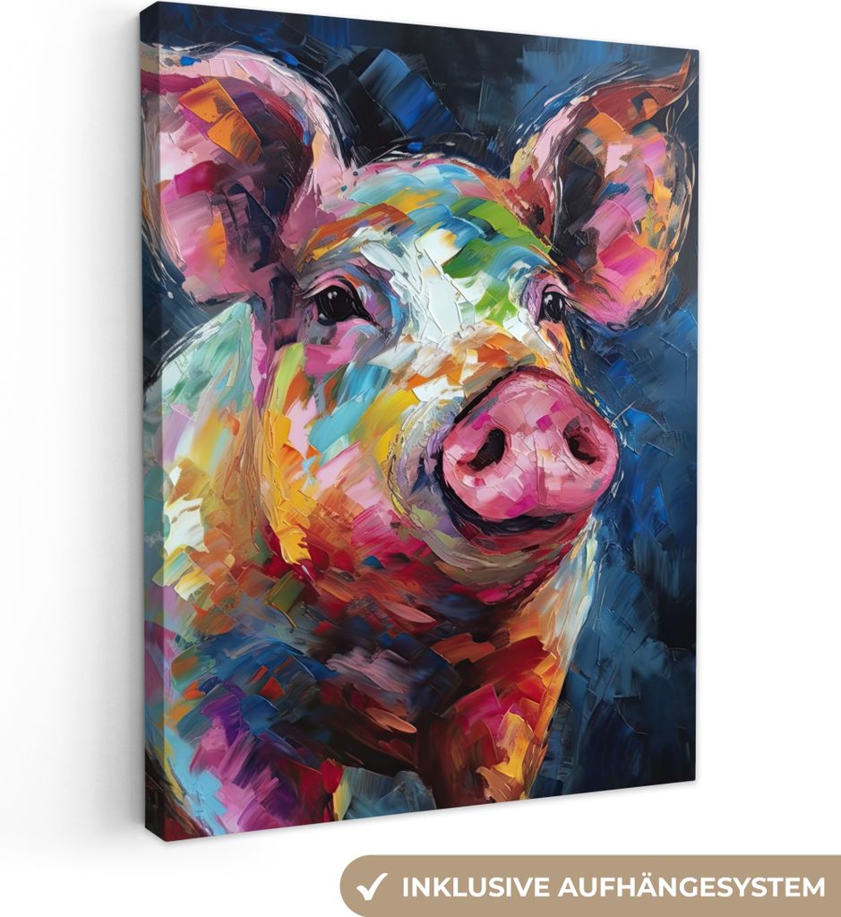 MuchoWow - Leinwandbilder - Schwein - Ölfarbe - Tiere - Kunst, Wandbild, Wanddeko Bilder Wohnzimmer, 90x120 cm