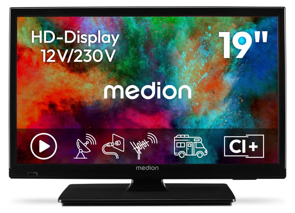MEDION 47 cm (19 Zoll) HD Fernseher (perfekt für Camping Wohnmobil LKW Garten, 12V KFZ Car-Adapter, Triple Tuner Receiver, HDMI, USB, MD 819000)