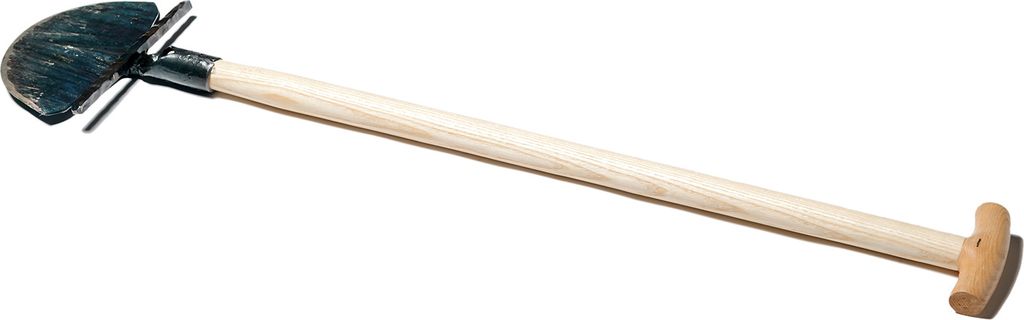 A garden tool with a metal head and a wooden handle, isolated on a white background.