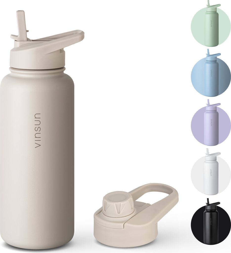 Trinkflasche Edelstahl 1L Thermoflasche Sport Gym Flasche isoliert beige Vinsun
