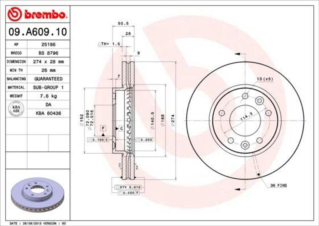 BREMBO 09.A609.10 Bremsscheibe OE 0K58B33251 kompatibel mit Carnival