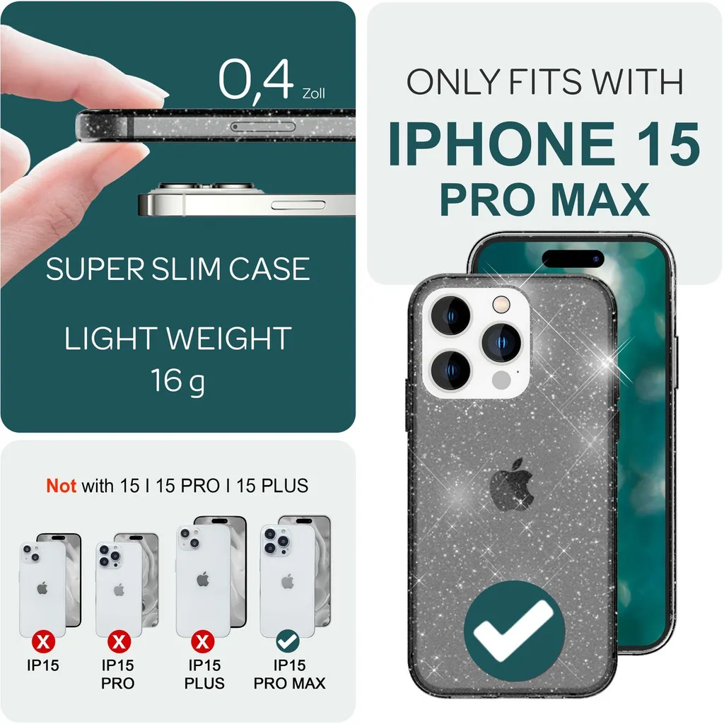 Custodia Sottile iPhone 15 Pro Max Nero Glitter: Design Bling & Clear - 4