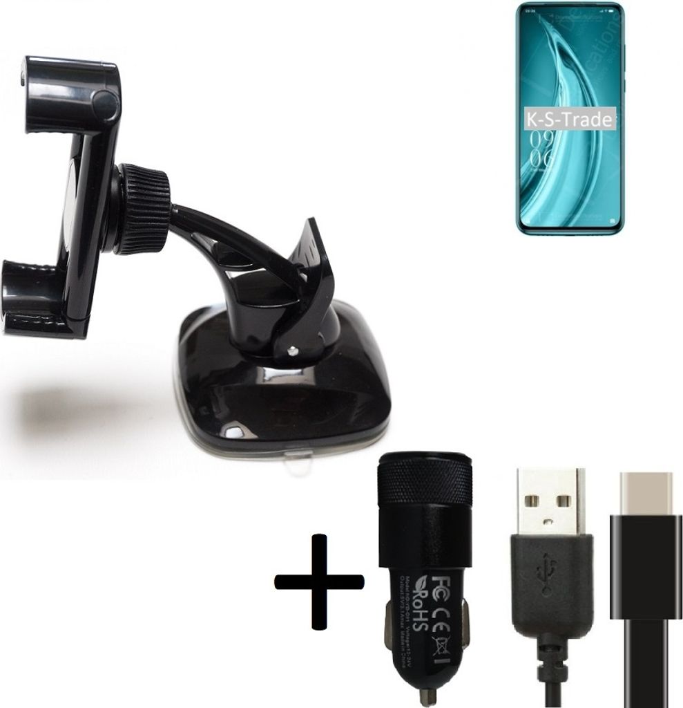 K-S-Trade Handy-Halterung kompatibel mit Elephone PX Pro Windschutzscheibe / Armaturenbrett + LADEGERÄT mit Mico USB Kabel Autohalterung