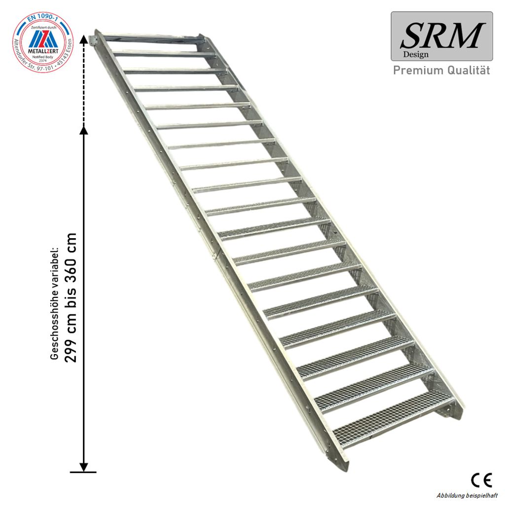 18 Stufen Stahltreppe Breite: 160 cm Geschosshöhe 299-360cm inkl. Zubehör