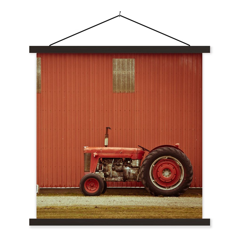 MuchoWow Textilposter Traktor - Scheune - Rot - Bauernhof 120x120 cm mit schwarzem Rahmen - Aufhängungsset