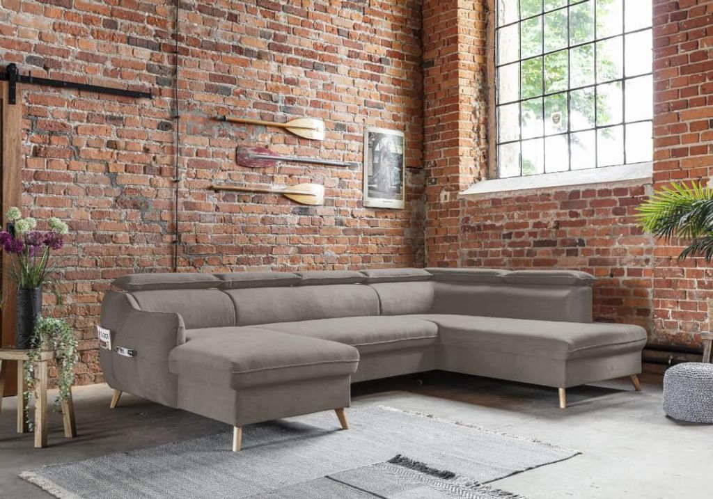 MIUFORM Sweet Harmony - Ecksofa mit Bettfunktion und Bettkasten U-FORM LINKS - 321x208cm - Velours Dunkelbeige - Sofa Schlafsofa Couch