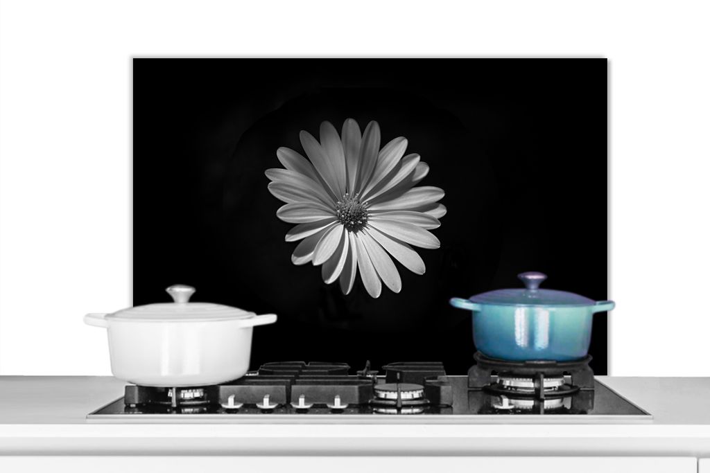 KitchenYeah Spritzschutz Küche - Küchenrückwand - Wandschutz für Herd und Spüle - Ein weißes Gänseblümchen auf schwarzem Hintergrund 90x6...