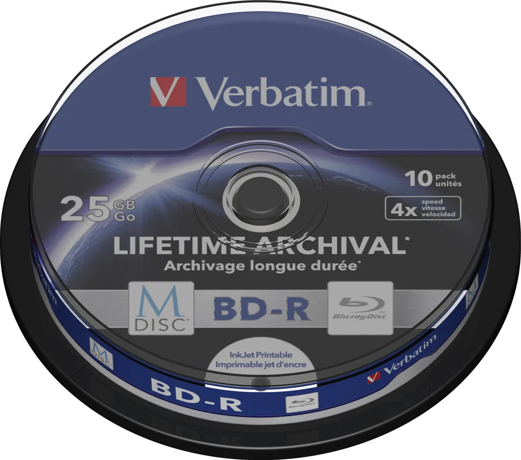 Disque Blu-Ray M-DISC Verbatim BD-R 25GB Vitesse 4x en Spindle de 10