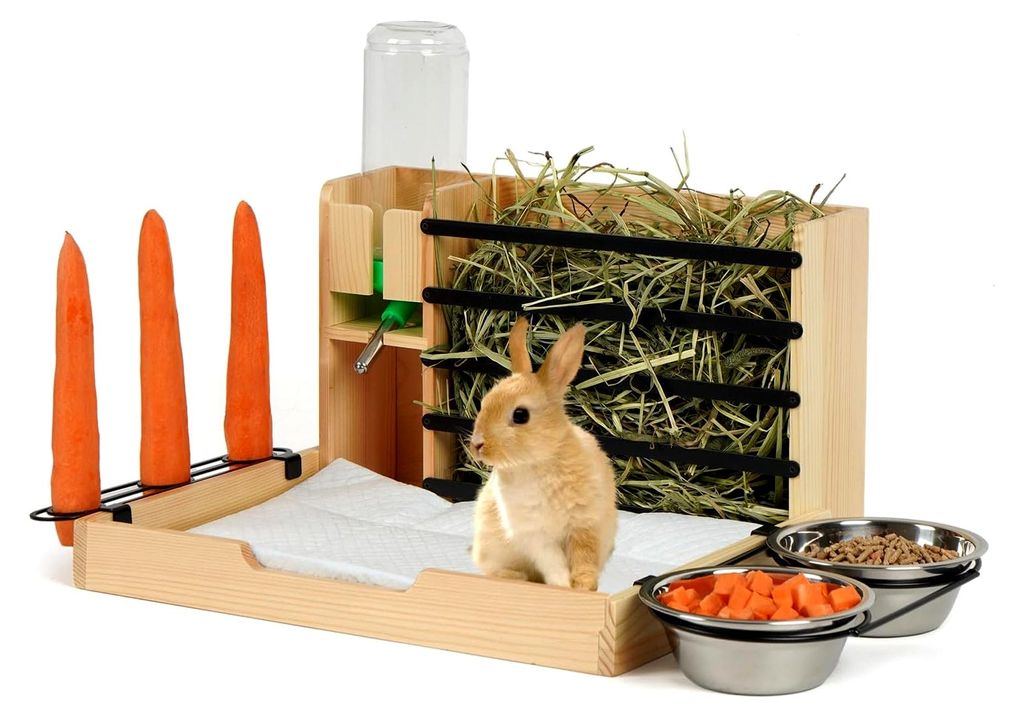 Heuraufe für Kaninchen oder Meerschweinchen, Holz Futterspender mit Trinkflasche, Karottenhalter und Näpfen, Futterautomat für Hasen