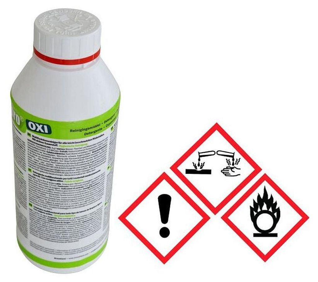 A bottle of cleaning product with hazard symbols.