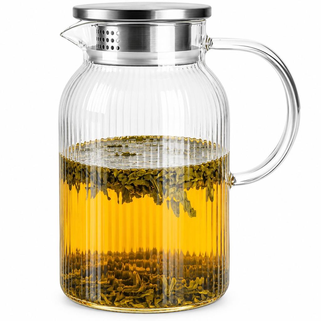 Glaskaraffe 1,5L mit Edelstahl Filter und Relief Wasserkrug Produktbild 