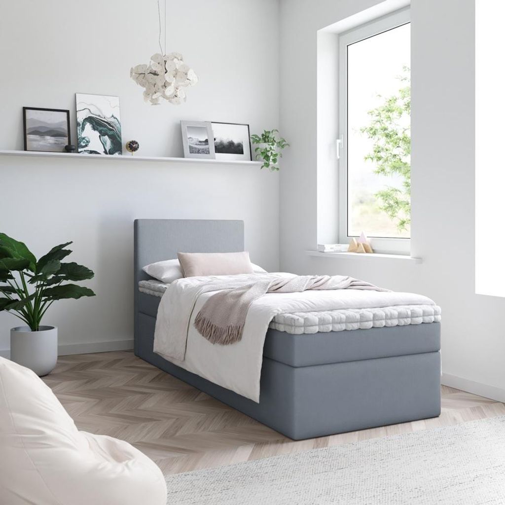 Bett Boxspringbett TOP MINI TOPPER VISCO , Bettkästen - Einzelbett, Stauraum, Schlafzimmer,Polsterbett (80x200, Grau - ITAKA 50)