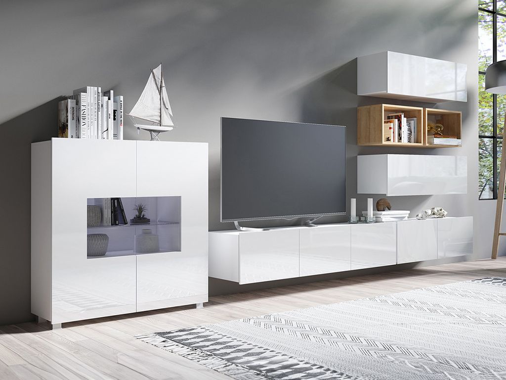 Wohnzimmer-Set CALABRINI-28 Wohnwand Hängewohnwand Schrankwand TV-Schrank Kommode mit LED-Beleuchtung Moderne Anbauwand Hochglanz (Weiß / Goldene...